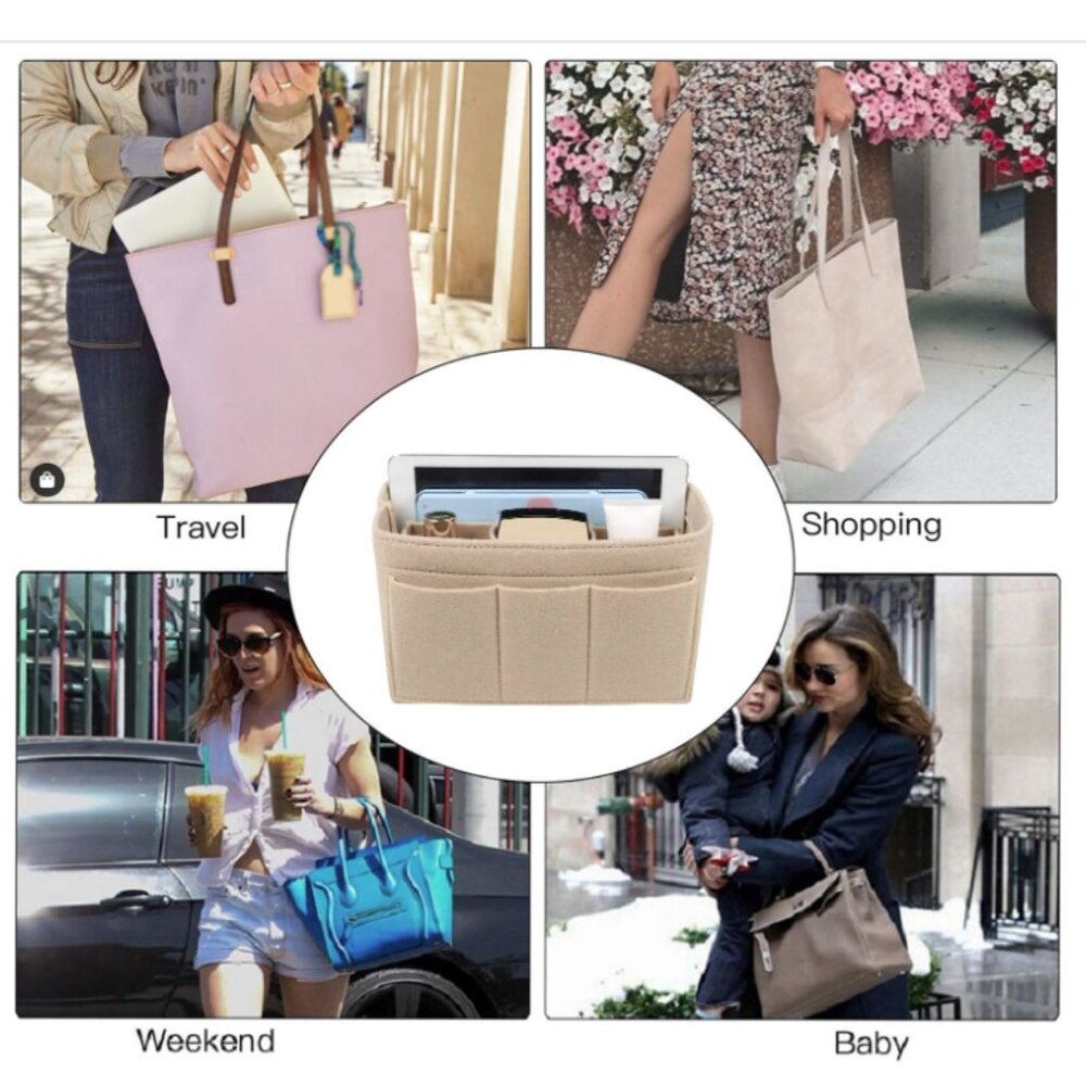 Womens Size Small Purse Organizer Insert, Felt Bag Organizer for Handbag Beige - Picture 2 of 9